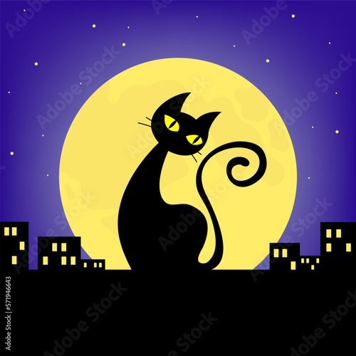 A black cat with yellow eyes against the background of a large full moon  a dark blue sky with stars  a night city with houses. Vector illustration