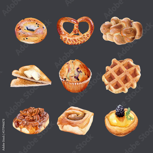 Set of pastries in watercolor style vector illustration