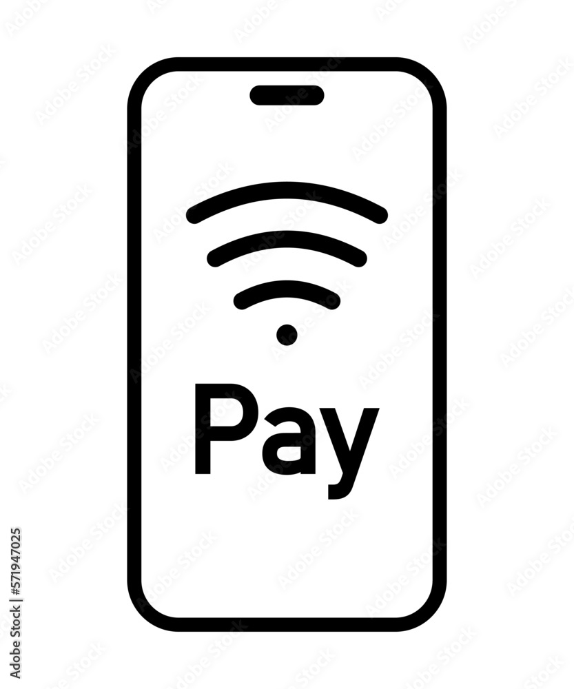 Phone with pay text line icon. Card, online bank, contactless payment, nfs, bill, terminal, ATM, check, salary. Money concept. Vector line icon isolated on white background Phone with pay text line icon. Card, online bank, contactless payment, nfs, bill, terminal, ATM, check, salary. Money concept. Vector line icon isolated on white background