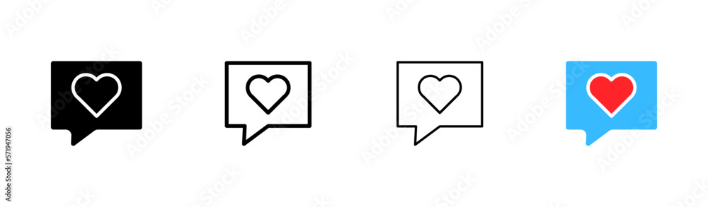 Speech bubbles with a heart set icon. Social media communication, like button, positive comment, reaction rating. Vector icon in line, black and colorful style Speech bubbles with a heart set icon. Social media communication, like button, positive comment, reaction rating. Vector icon in line, black and colorful style