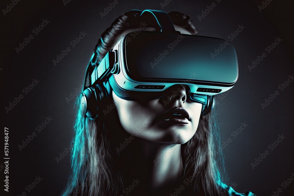 Portrait of of a young woman wearing a VR headset and playing virtual reality game in metaverse. Studio lighting, epic atmosphere, AI generative