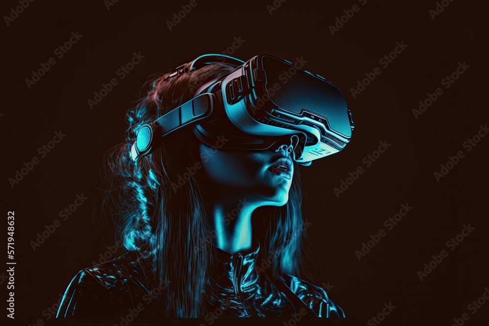 Portrait of of a young woman wearing a VR headset and playing virtual reality game in metaverse. Studio lighting, epic atmosphere, AI generative Portrait of of a young woman wearing a VR headset and playing virtual reality game in metaverse. Studio lighting, epic atmosphere, AI generative