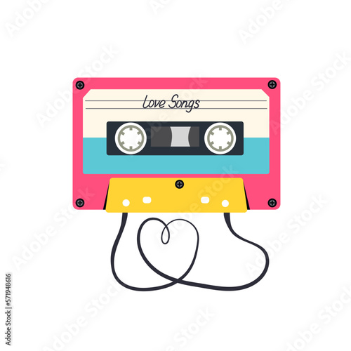 Audio cassette tape love songs isolated on a white background. Trendy 80s 90s vector illustration.