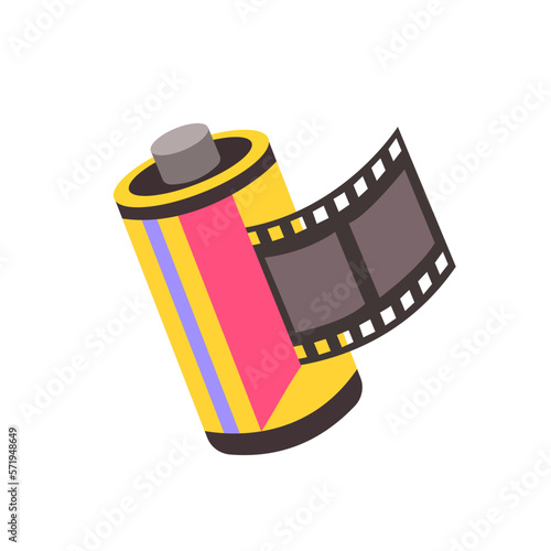 Hand drawn photo camera film roll. Retro, vintage camera tool. Back to the 80s 90s. Colorful flat vector isolated