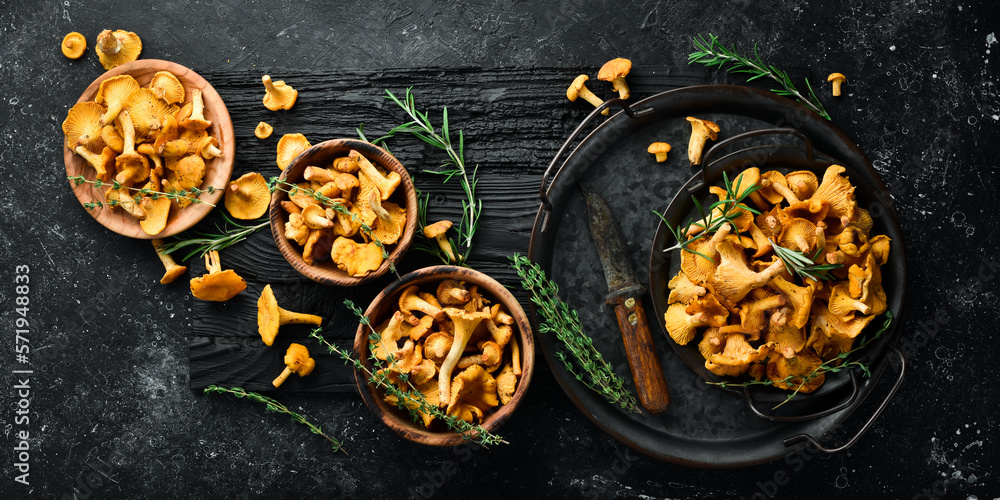 Chanterelle mushrooms are ready to cook in a bowl. Top view. Free space for text. - obrazy, fototapety, plakaty 