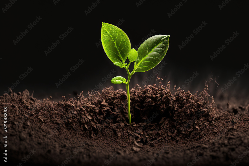 A young green sprout grows from the ground, a ray of light. AI A young green sprout grows from the ground, a ray of light. AI