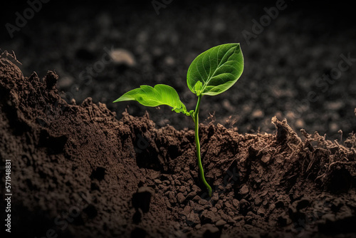 A young green sprout grows from the ground, a ray of light. AI