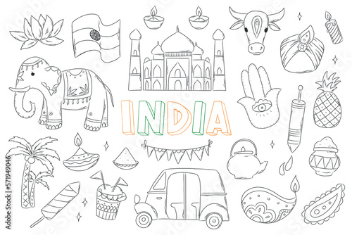 Hand drawn India doodles, clip art, cartoon elements isolated on white background. Print, coloring book, scrapbooking, stationary, stickers, sublimation design. EPS 10