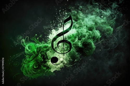 Green smoke with music notes and shiny glitter particles abstract background, ai