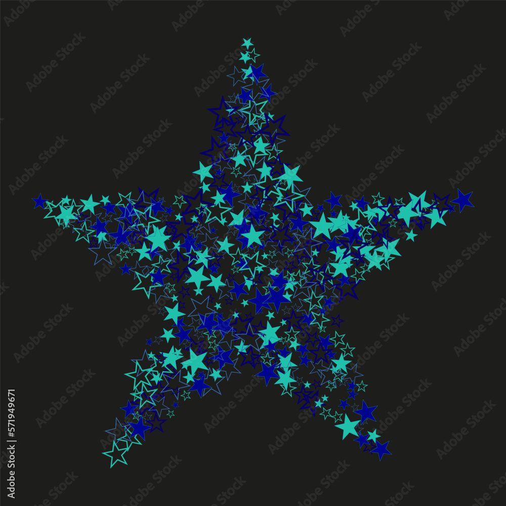 Blue star confetti on black background, star made of stars, design element Blue star confetti on black background, star made of stars, design element