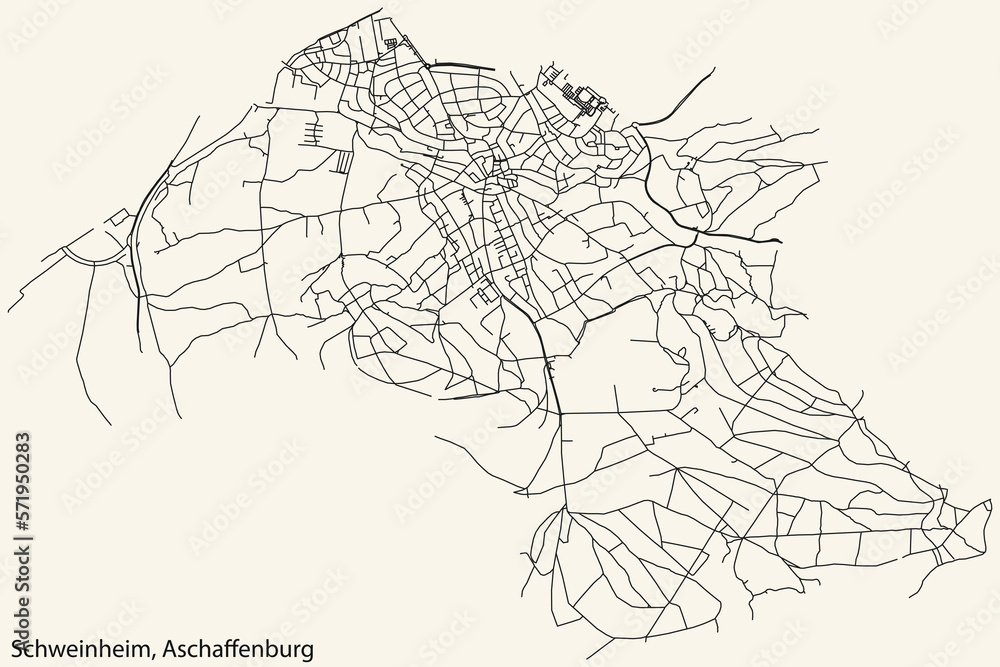 Detailed navigation black lines urban street roads map of the SCHWEINHEIM BOROUGH of the German town of ASCHAFFENBURG, Germany on vintage beige background