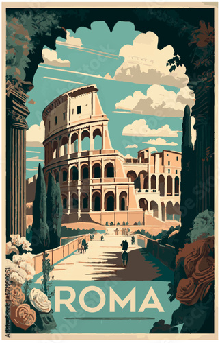 vintage-style tourism poster promoting Paris as a must-visit destination. 1950s-inspired illustrations and graphics to evoke the history of the 1950s. Incorporate iconic Roman Collosuem