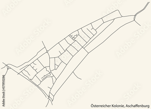 Detailed navigation black lines urban street roads map of the ÖSTERREICHER KOLONIE BOROUGH of the German town of ASCHAFFENBURG, Germany on vintage beige background