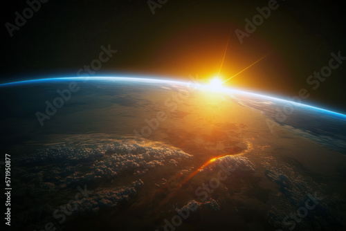 Curvature of planet Earth. Aerial view of blue planet from space. Sunrise over globe land and ocean. Generative AI