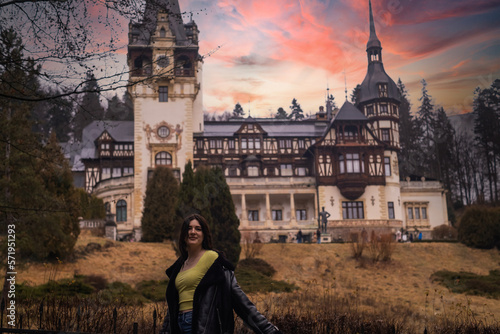 Woman traveler walking near the castles in Romania,