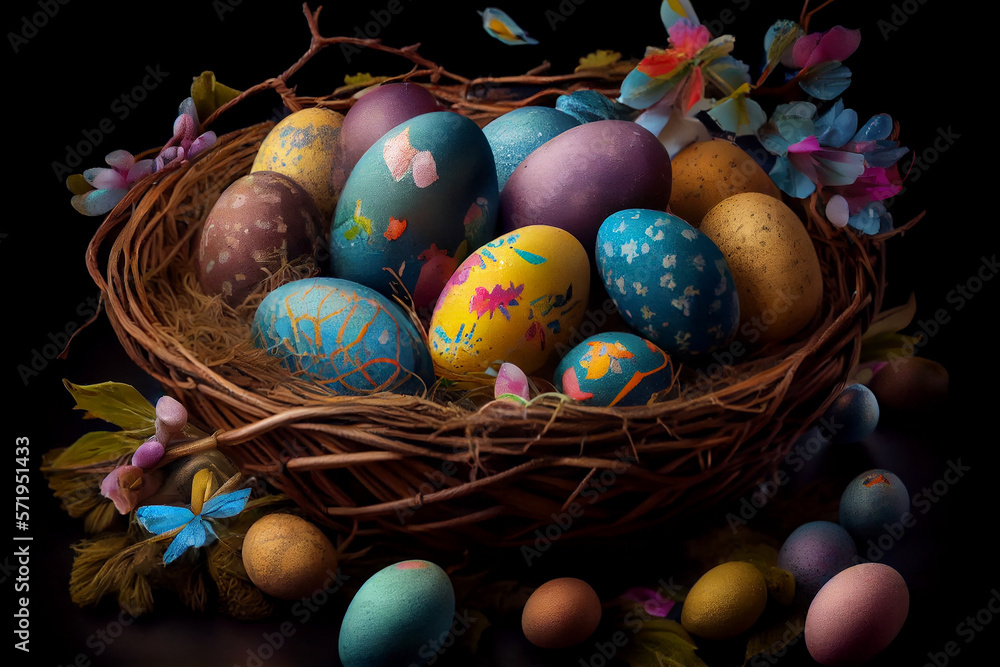Basket with easter eggs on black background with copy space, digital illustration, Generative AI Basket with easter eggs on black background with copy space, digital illustration, Generative AI
