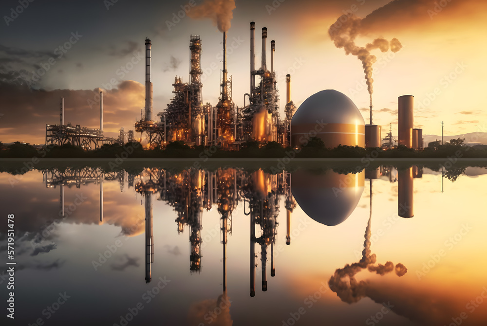 Oil refinery plant for crude oil industry on desert in evening twilight, energy industrial machine for petroleum gas production background Ai generated - obrazy, fototapety, plakaty 