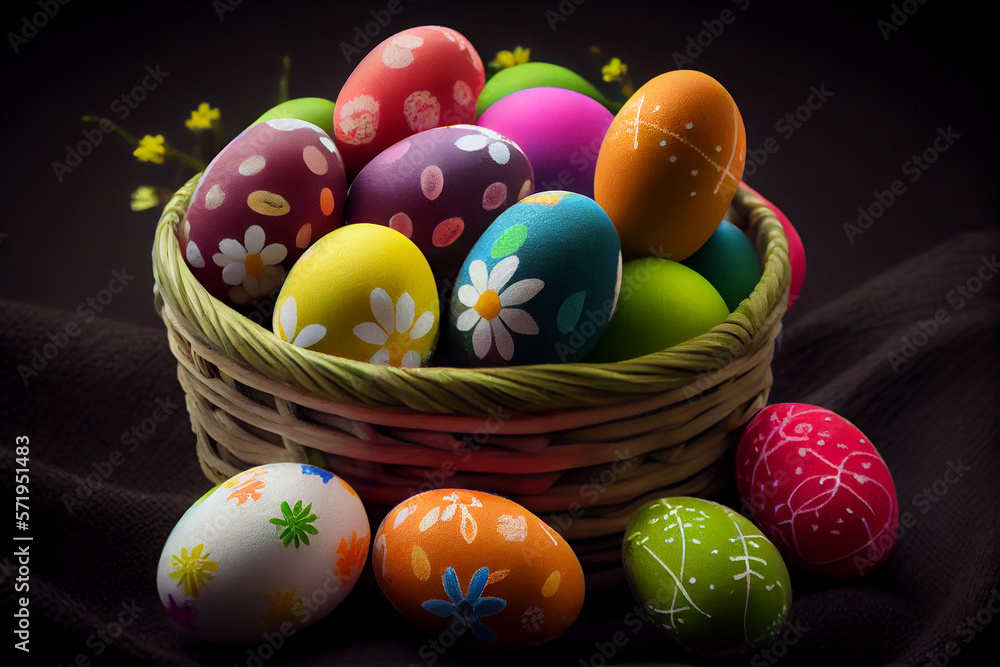 Basket with easter eggs on black background with copy space, digital illustration, Generative AI