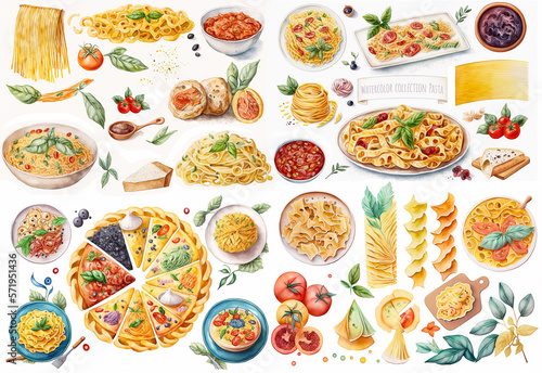 Watercolor illustration of pasta collection on white background - AI generative