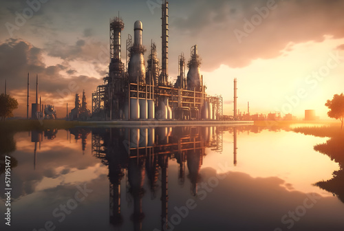 Oil refinery plant for crude oil industry on desert in evening twilight, energy industrial machine for petroleum gas production background Ai generated