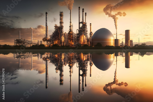 Foto Oil refinery plant for crude oil industry on desert in evening twilight, energy