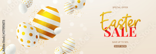 Vector banner for Easter sale. Vector holiday illustration with realistic golden 3d lettering, confetti and eggs with golden patterns. Realistic 3d symbols of Easter. Ad design for banners.