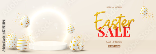 Easter sale horizontal banner. Vector holiday illustration with golden 3d lettering, podium, neon circle, decorative eggs and confetti. Happy Easter banner for presentation of products or goods.