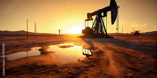 Crude oil pumpjack rig on desert silhouette in evening sunset, energy industrial machine for petroleum gas production background Ai generated photo
