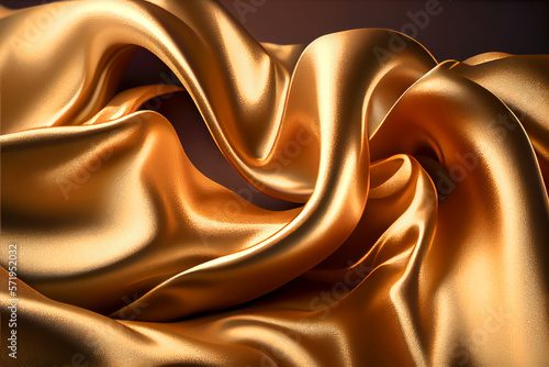 Gold shiny luxury draping satin fabric wave background, abstract dynamic smooth wavy elegant golden yellow silk cloth texture design, Ai generated