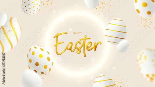 Easter greeting card template. Vector holiday illustration with golden 3d lettering, neon circle, falling decorative eggs and golden confetti. Easter decoration for decoration posters, social media.