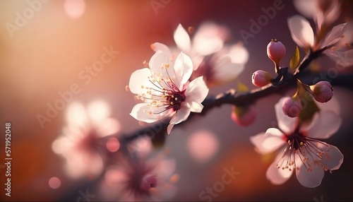 Spring background  pink blossom branch close up  macro  blurred background  Generative AI