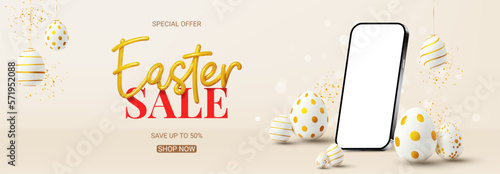 Vector banner for Easter sale. Vector holiday illustration with phone with blank display, decorative eggs and golden confetti. Happy Easter banner for presentation of products or goods.