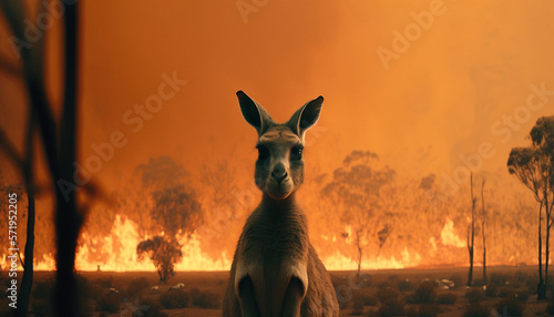 Kangaroo Standing in Front of the Wildfire in Australia, generative ai © Luka