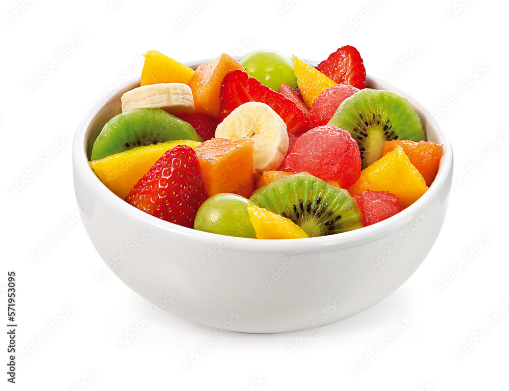 Tigela branca com salada de frutas em fundo transparente - kiwi, banana, morango, manga, melancia, uva e mamão  - obrazy, fototapety, plakaty 