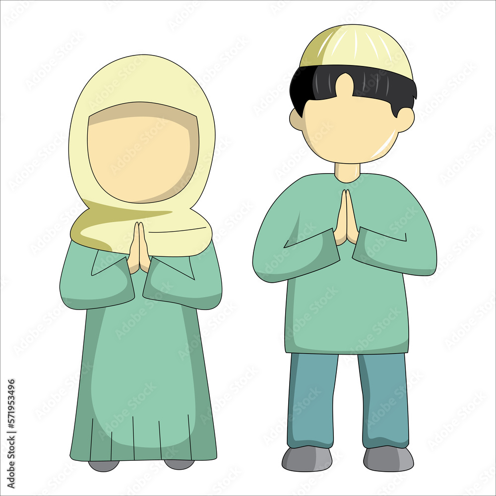Moslem couple character cartoon illustration with turquoise and cream outfit, suitable for sticker pack, icon, and ramadan graphic design character elements. Moslem couple character cartoon illustration with turquoise and cream outfit, suitable for sticker pack, icon, and ramadan graphic design character elements.