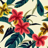 Modern exotic jungle tropical plants floral illustration pattern. Creative collage contemporary floral seamless pattern GENERATIVE AI