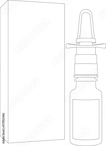 Nasal spray bottle, nasal spray for colds and seasonal allergies. Aerosol spray pump packaging drug. Drug spray for the nose. sketch drawing, contour lines drawn