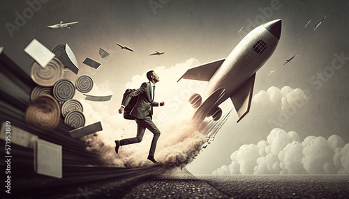 Successful career takeoff. Profitable investment, business concept. Art collage. photo