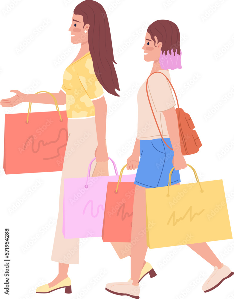 Modern mom and daughter shopping clothes together semi flat color vector characters. Editable figures. Full body people on white. Simple cartoon style illustration for web graphic design and animation