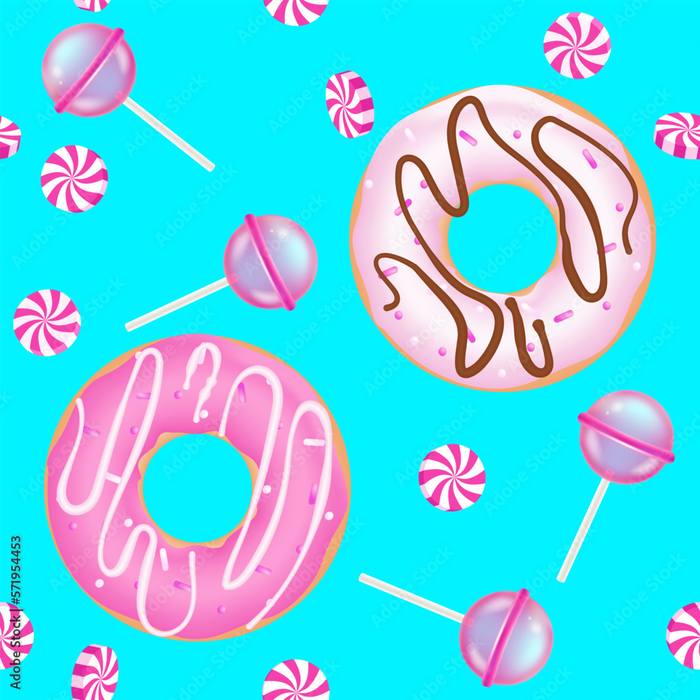 Realistic glazed donut cake, lollipop seamless pattern. Bakery breakfast sweet pastry food, 3d vector candy. Doughnut desserts with chocolate cream, pink icing and sprinkles. Wrapping paper design.