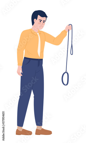 Displeased male pet owner holding empty leash semi flat color vector character. Editable figure. Full body person on white. Simple cartoon style illustration for web graphic design and animation