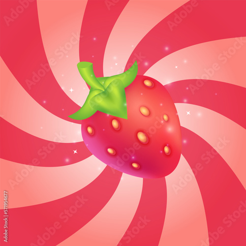 Cartoon strawberry on abstract pop art striped background. Red candy banner background. Whirlpool background. Vortex candy pattern. Red juice berry for food package design template.
