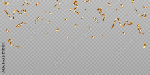 Confetti on a transparent background. Falling shiny golden confetti. Bright golden festive tinsel. Holiday design elements for web banner, poster, flyer, invitation. Vector 