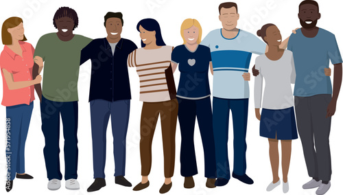 Dessin vectoriel illustrant la solidarité humaine avec des amis de race et de culture différentes qui s'enlacent et qui avancent ensemble. Ils s'aident les uns les autres.