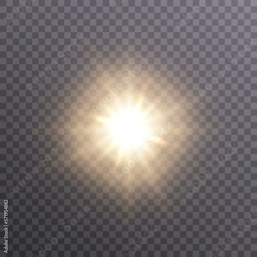 Bright sun shines with warm rays  vector illustration Glow gold star on a transparent background. Flash of light  sun  twinkle. Vector for web design and illustrations. 