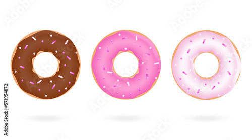 Realistic glazed donut cake illustration set. Doughnut desserts with chocolate cream, pink icing and sprinkles. Bakery breakfast sweet pastry food, 3d vector round doughnuts. Decorations for menu.