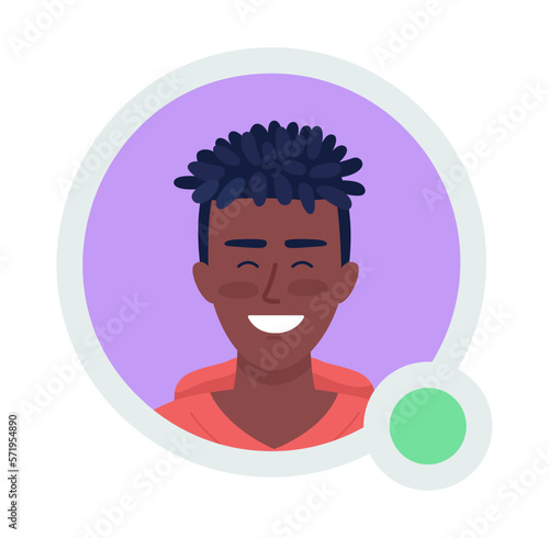 Excited boy with kinky hair flat vector avatar icon with green dot. Editable default persona for UX, UI design. Profile character picture with online status indicator. Color messaging app user badge