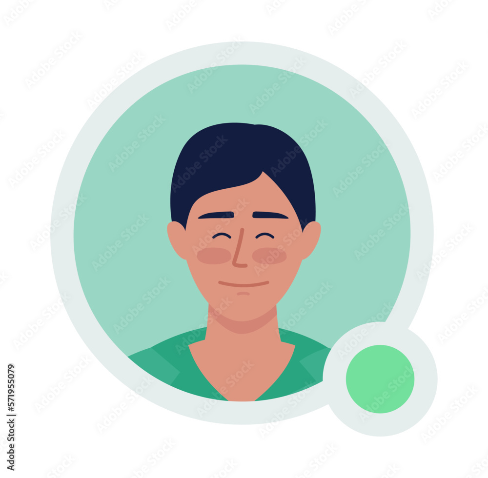 Cheerful neat man flat vector avatar icon with green dot. Editable default persona for UX, UI design. Profile character picture with online status indicator. Color messaging app user badge Cheerful neat man flat vector avatar icon with green dot. Editable default persona for UX, UI design. Profile character picture with online status indicator. Color messaging app user badge