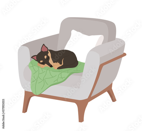 Adorable small dog sleeping in comfortable armchair semi flat color vector character. Editable full body animal on white. Simple cartoon style illustration for web graphic design and animation