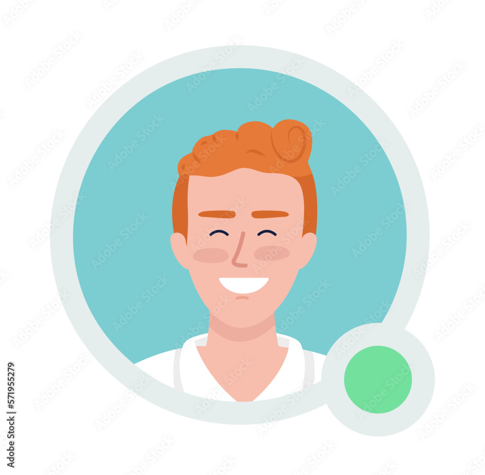 Happy man with curly red hair flat vector avatar icon with green dot. Editable default persona for UX, UI design. Profile character picture with online status indicator. Color messaging app user badge
